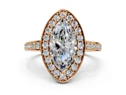 Bezel-Framed Halo Engagement Ring Setting for Marquise Center with Pave Band and Prong Head in Rose Gold