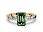 5 Stone Engagement Ring Setting for Fancy Green Emerald Cut Center with Plain Band and Prong Head in Yellow Gold