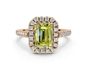 Halo Engagement Ring Setting for Fancy Yellow Emerald Cut Center with Raised Halo, Pave Band and Prong Head in Rose Gold