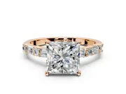 Baguette Engagement Ring Setting for Princess Cut Center with Alternating Bar-Set Band and Prong Head in Rose Gold
