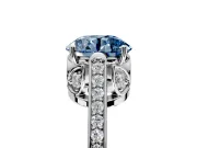 Cathedral Engagement Ring Setting for Fancy Blue Round Cut Center with Antique-Style Pave Band and Prong Head in Platinum