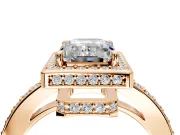 Halo Engagement Ring Setting for Emerald Cut Center with Metal-Rimmed Halo, Pave Band and Prong Head in Rose Gold