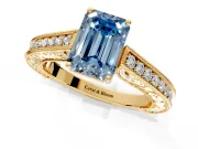 Solitaire Engagement Ring Setting for Fancy Blue Emerald Cut Center with Engraved Pave Band and Prong Head in Yellow Gold