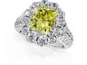 Large Accent Halo Engagement Ring Setting for Fancy Yellow Radiant Cut Center with Pave Split Shank and Prong Head in Platinum