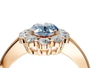 Halo Engagement Ring Setting for Fancy Blue Oval Center with Milgrain Channel Band and Prong Head in Rose Gold