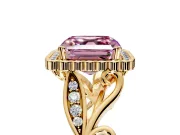 Halo Engagement Ring Setting for Fancy Pink Asscher Cut Center with Leaf Motif Split Shank and Prong Head in Yellow Gold