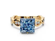 Solitaire Engagement Ring Setting for Fancy Blue Princess Cut Center with Accented Twist Band and Leaf Prong Head in Yellow Gold