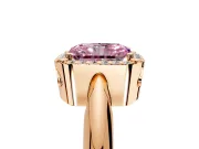 Halo Engagement Ring Setting for Fancy Pink Radiant Cut Center with Tapered Plain Band and Prong Head in Rose Gold