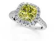 Halo Engagement Ring Setting for Fancy Yellow Cushion Cut Center with Narrowing Pave Band and Prong Head in Platinum