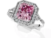 Halo Engagement Ring Setting for Fancy Pink Radiant Cut Center with Milgrain Rim, Pave Band and Prong Head in Sterling Silver