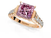 Solitaire Engagement Ring Setting for Fancy Pink Princess Cut Center with Pave Cathedral Shoulders and Prong Head in Rose Gold