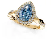 Halo Engagement Ring Setting for Fancy Blue Pear-Shaped Center with Pave and Plain Twist Band and Prong Head in Yellow Gold