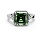 Cluster Engagement Ring Setting for Fancy Green Asscher Cut Center with Milgrain Shoulder Clusters and Prong Head in Sterling Silver