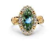 Halo Engagement Ring Setting for Fancy Green Marquise Center with Open Scroll Shoulders and Prong Head in Yellow Gold