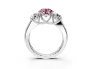 3 Stone Engagement Ring Setting for Fancy Pink Round Cut Center with Raised Basket Heads and Prong Head in Sterling Silver
