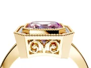 Halo Engagement Ring Setting for Fancy Pink Asscher Cut Center with Milgrain Halo, Pave Band and Prong Head in Yellow Gold