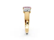 3 Stone Engagement Ring Setting for Fancy Pink Radiant Cut Center with Raised Basket Heads and Prong Head in Yellow Gold