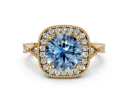 Halo Engagement Ring Setting for Fancy Blue Round Cut Center with Milgrain Rim, Pave Band and Prong Head in Yellow Gold