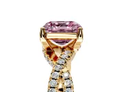 Solitaire Engagement Ring Setting for Fancy Pink Asscher Cut Center with Narrow Twist Pave Band and Prong Head in Yellow Gold