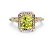 Halo Engagement Ring Setting for Fancy Yellow Radiant Cut Center with Pave Accents, Heart Basket and Prong Head in Yellow Gold