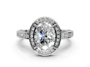 Halo Engagement Ring Setting for Oval Center with Framed Halo, Pave Band and Prong Head in Sterling Silver