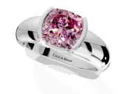 Tension Engagement Ring Setting for Fancy Pink Cushion Cut Center with Wide Flat Band and Tension Head in White Gold