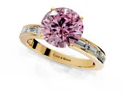 Solitaire Engagement Ring Setting for Fancy Pink Round Cut Center with Channel Baguette Band and Prong Head in Yellow Gold
