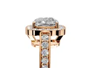 Bezel-Framed Halo Engagement Ring Setting for Cushion Cut Center with Pave Band and Prong Head in Rose Gold
