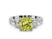 3 Stone Engagement Ring Setting for Fancy Yellow Cushion Cut Center with Round Cut Side Accents and Prong Head in White Gold