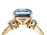 3 Stone Engagement Ring Setting for Fancy Blue Asscher Cut Center with Round Cut Side Accents and Prong Head in Yellow Gold