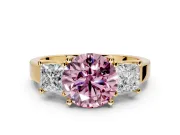 3 Stone Engagement Ring Setting for Fancy Pink Round Cut Center with Matching Side Accents and Prong Head in Yellow Gold