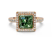 Halo Engagement Ring Setting for Fancy Green Princess Cut Center with Inner Milgrain Border and Prong Head in Rose Gold