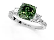 3 Stone Engagement Ring Setting for Fancy Green Cushion Cut Center with Round Cut Side Accents and Prong Head in White Gold