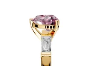 3 Stone Engagement Ring Setting for Fancy Pink Heart-Shaped Center with Tapered Baguettes, Plain Band and Prong Head in Yellow Gold