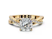 Crossover Engagement Ring Setting for Cushion Cut Center with Pave and Plain Strands and Prong Head in Yellow Gold