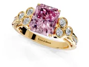 Cluster Engagement Ring Setting for Fancy Pink Radiant Cut Center with Bezel Accent Clusters and Prong Head in Yellow Gold