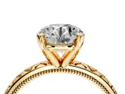 Solitaire Engagement Ring Setting for Round Cut Center with XO Engraved Band and Prong Head in Yellow Gold