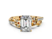 Leaf Motif Engagement Ring Setting for Emerald Cut Center with Pave Band and Prong Head in Yellow Gold