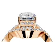 Halo Engagement Ring Setting for Radiant Cut Center with Pave Infinity Twist Band and Prong Head in Rose Gold