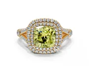 Double Halo Engagement Ring Setting for Fancy Yellow Cushion Cut Center with Narrow Pave Split Shank and Prong Head in Yellow Gold