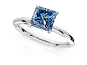 Low-Set Solitaire Engagement Ring Setting for Fancy Blue Princess Cut Center with Thin Plain Band and Prong Head in Platinum