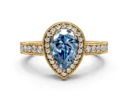 Milgrain Halo Engagement Ring Setting for Fancy Blue Pear-Shaped Center with Wide Pave Band and Prong Head in Yellow Gold