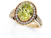 Halo Engagement Ring Setting for Fancy Yellow Oval Center with Outer Bezel Rim, Pave Band and Prong Head in Yellow Gold