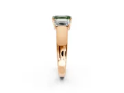 3 Stone Engagement Ring Setting for Fancy Green Emerald Cut Center with Raised Basket Heads and Prong Head in Rose Gold