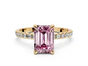 Solitaire Engagement Ring Setting for Fancy Pink Emerald Cut Center with Fine Pave Narrow Band and Prong Head in Yellow Gold