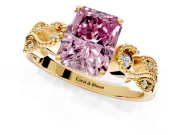 Leaf Engagement Ring Setting for Fancy Pink Princess Cut Center with Milgrain Accent Band and Prong Head in Yellow Gold