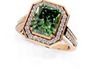 Halo Engagement Ring Setting for Fancy Green Radiant Cut Center with Outer Bezel Rim, Pave Band and Prong Head in Rose Gold