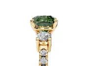 3 Stone Engagement Ring Setting for Fancy Green Cushion Cut Center with Round Cut Side Accents and Prong Head in Yellow Gold