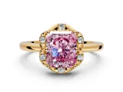 Floral Frame Engagement Ring Setting for Fancy Pink Radiant Cut Center with Accent Clusters and Prong Head in Yellow Gold