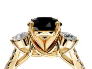 3 Stone Engagement Ring Setting for Fancy Black Round Cut Center with Crossover Basket, Pave Band and Prong Head in Yellow Gold